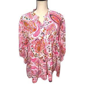 Umgee USA Pink Paisley Tiered V Neck 3/4 Sleeve Tunic Top Blouse Women's Size S